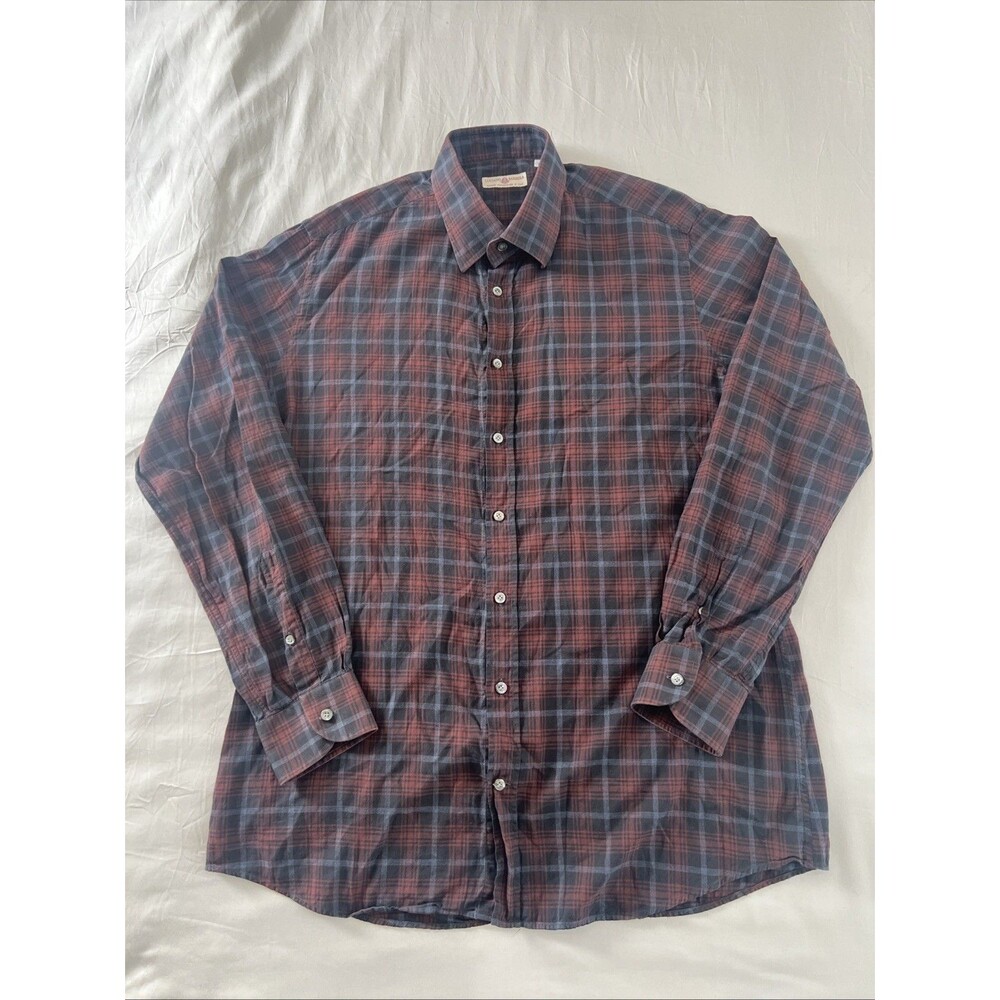 Luciano Barbera Button Up Shirt Mens L Burgundy/black Check Made in Italy Men L